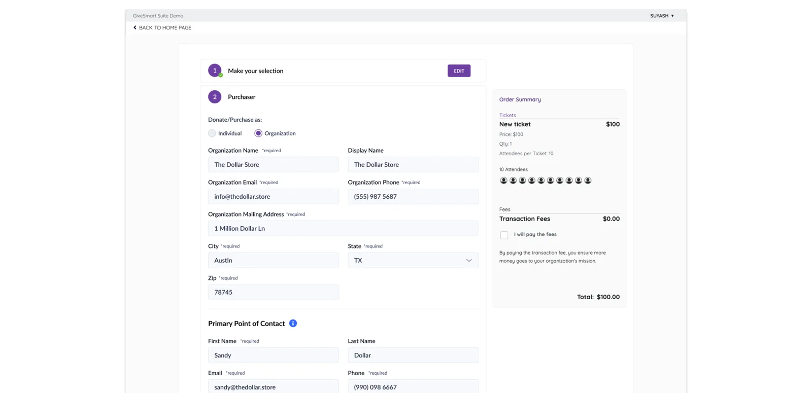 GiveSmart organization purchaser flow, high-fidelity prototype